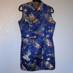 Floral Blue Sleeveless Asian Cheongsam Dress